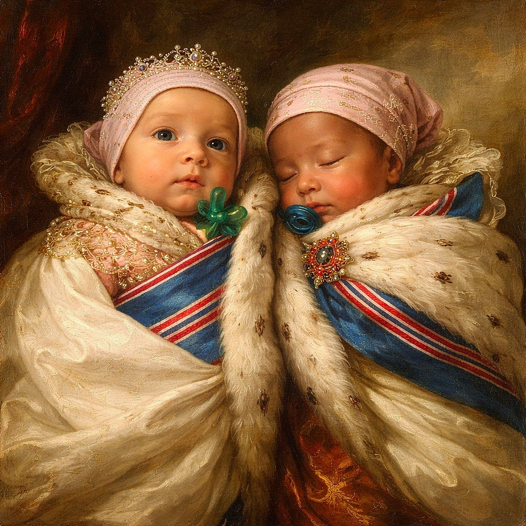 Two adorable newborn babies swaddled snugly in white blankets with red and blue stripes, lying side by side on a colorful crocheted blanket. One baby is wide-eyed and alert wearing a striped hat, while the other is peacefully sleeping with a pacifier and a pink hat. The cozy setting and soft lighting create a heartwarming scene of infant cuteness.