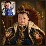 A very serious baby sits on a cozy couch, dressed in a smart blue knitted vest and looking straight at the camera like a tiny executive who has just scheduled an important meeting about naptime.