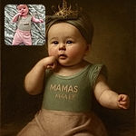 A cute baby lying on a leafy patterned blanket, dressed in a green top with 'MAMA'S mini' embroidered on it and pink pants, wearing a matching green headband with a bow, looking curiously at the camera with a hand near the mouth.