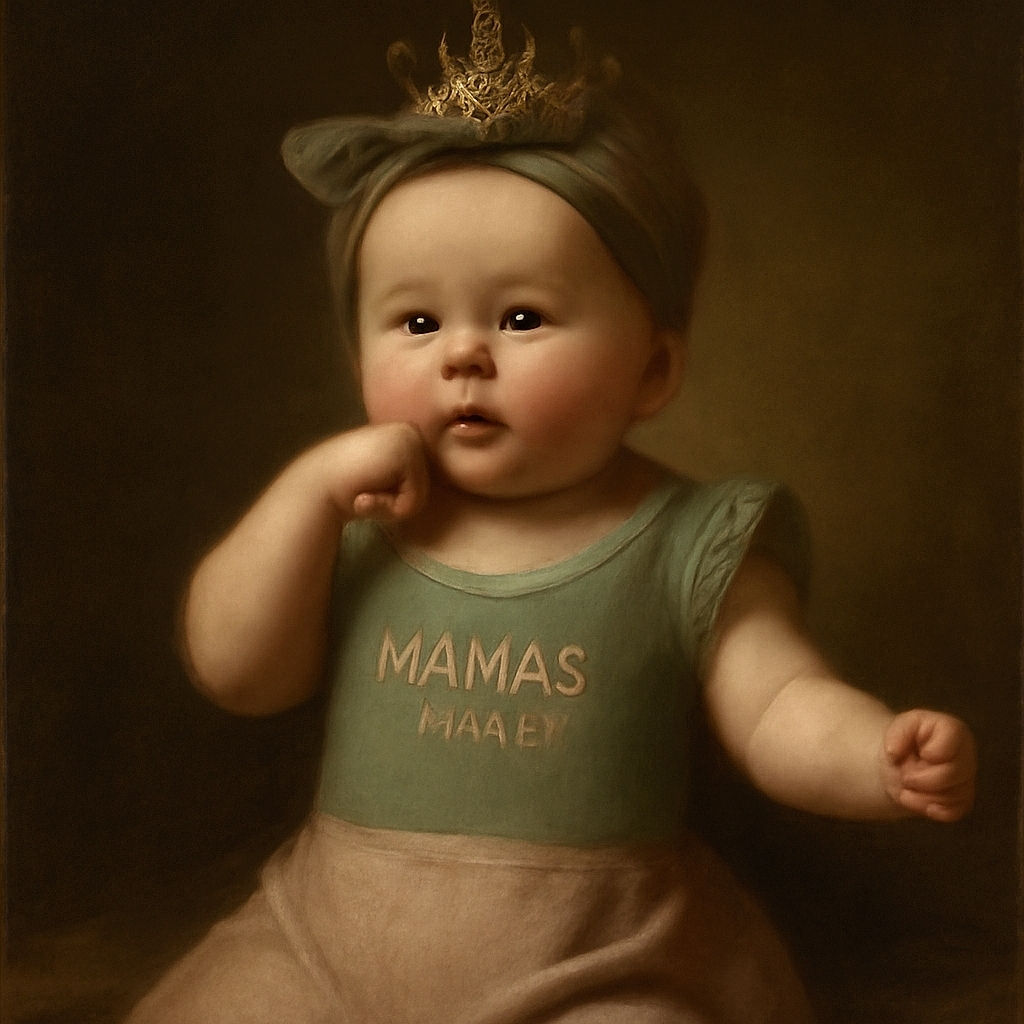 A cute baby lying on a leafy patterned blanket, dressed in a green top with 'MAMA'S mini' embroidered on it and pink pants, wearing a matching green headband with a bow, looking curiously at the camera with a hand near the mouth.
