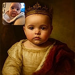 A close-up of an adorable baby with big curious eyes, wrapped in cozy beige fabric, looking straight into the camera with a calm expression. The background shows a softly blurred TV screen and some framed pictures on the wall, adding a warm homey vibe.