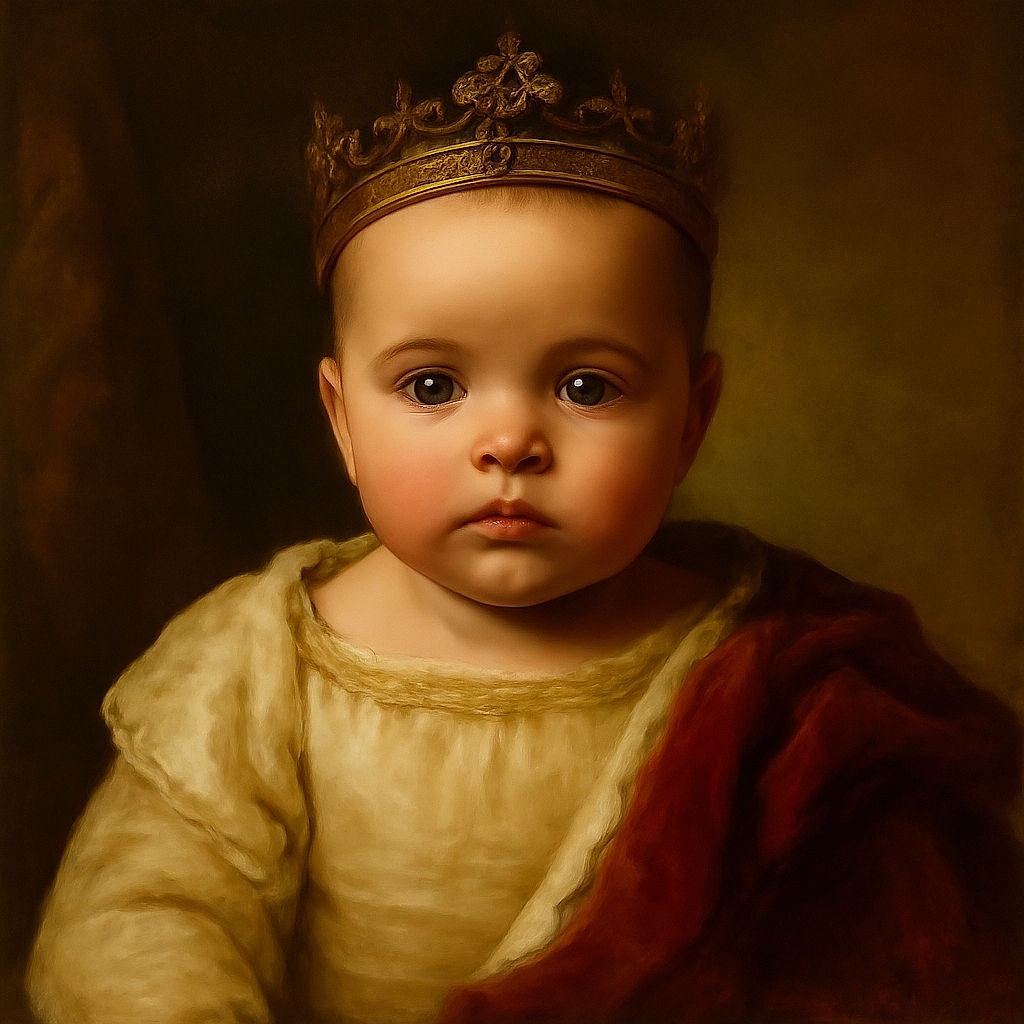 A close-up of an adorable baby with big curious eyes, wrapped in cozy beige fabric, looking straight into the camera with a calm expression. The background shows a softly blurred TV screen and some framed pictures on the wall, adding a warm homey vibe.