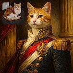 A cozy ginger and white cat curled up comfortably on a dark textured cushion, giving a calm and slightly curious look, with a rustic wooden door and a white wall in the background.