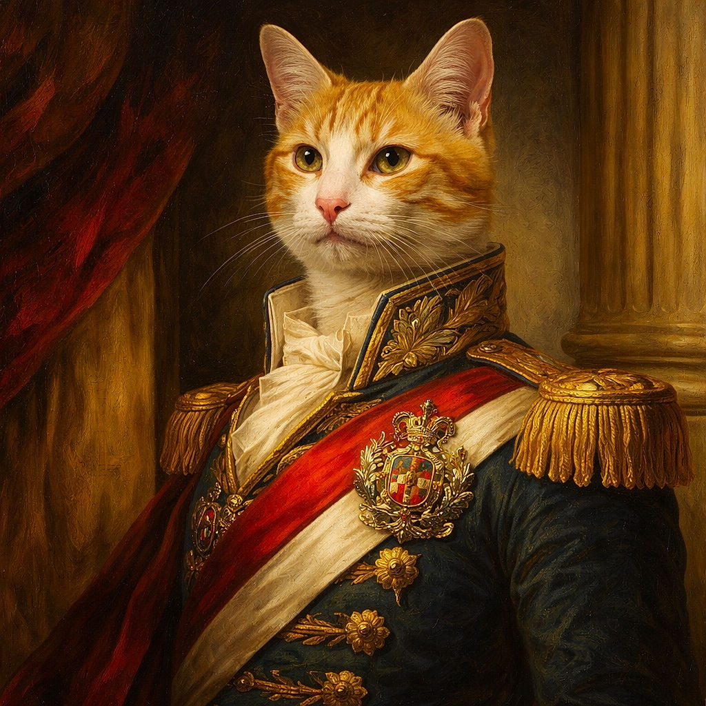 A cozy ginger and white cat curled up comfortably on a dark textured cushion, giving a calm and slightly curious look, with a rustic wooden door and a white wall in the background.