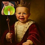 A delighted baby with food on their face eagerly looks at the camera while a hand holds a green bowl and orange spoon filled with mashed baby food, ready for the next bite.