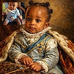 A curious baby with adorable puffs in their hair sits comfortably on a lap, dressed in a cute Mickey Mouse outfit, with a thoughtful expression that could rival a tiny philosopher.