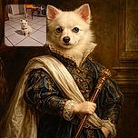 A fluffy white puppy with striking blue eyes sits attentively on a tiled floor, wearing a small harness. The background shows a bright orange chair and a cluttered table, giving a cozy, lived-in feel to the room.