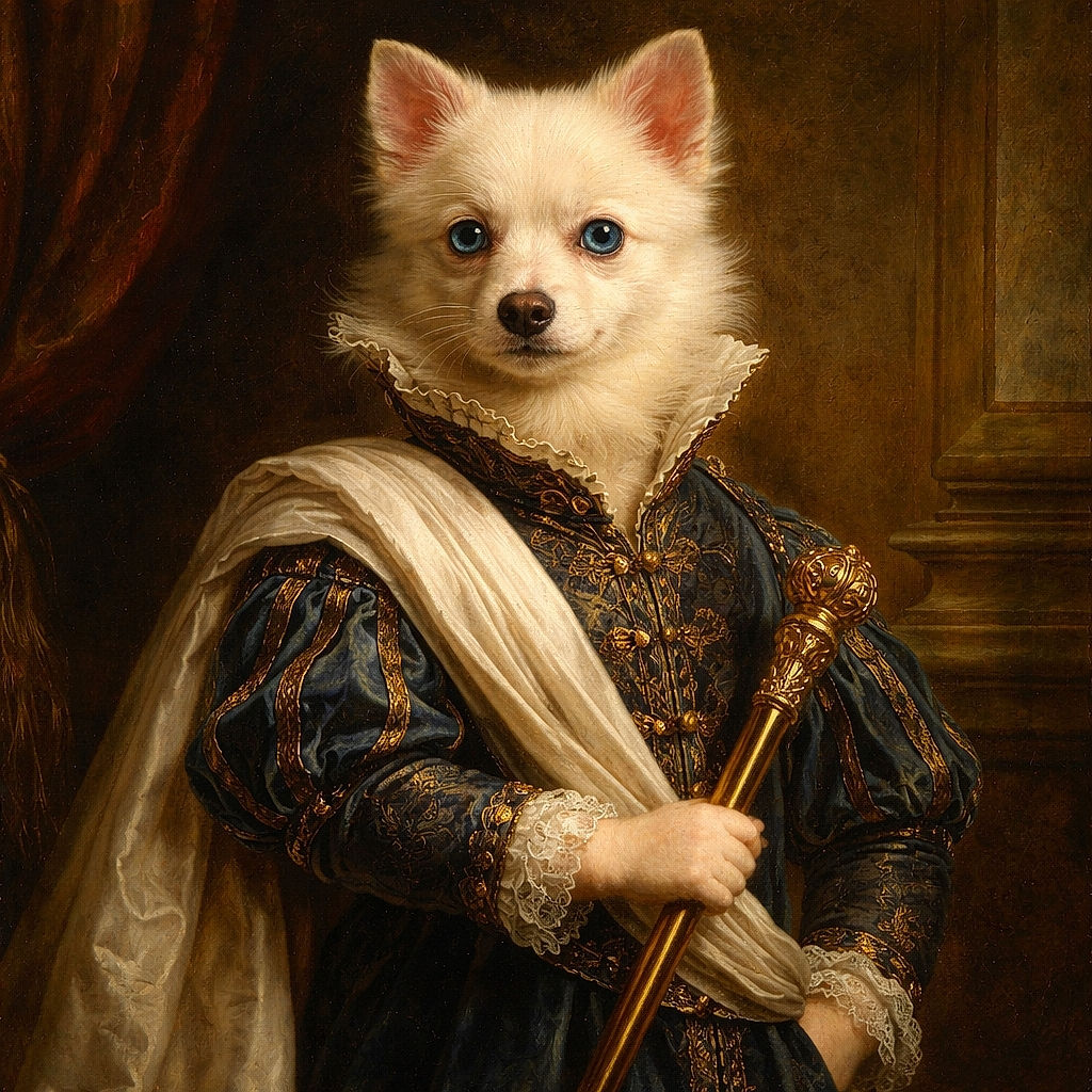 A fluffy white puppy with striking blue eyes sits attentively on a tiled floor, wearing a small harness. The background shows a bright orange chair and a cluttered table, giving a cozy, lived-in feel to the room.