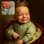 A peacefully smiling newborn baby wrapped in soft pastel blankets and clothing, radiating pure innocence and warmth in a cozy setting.