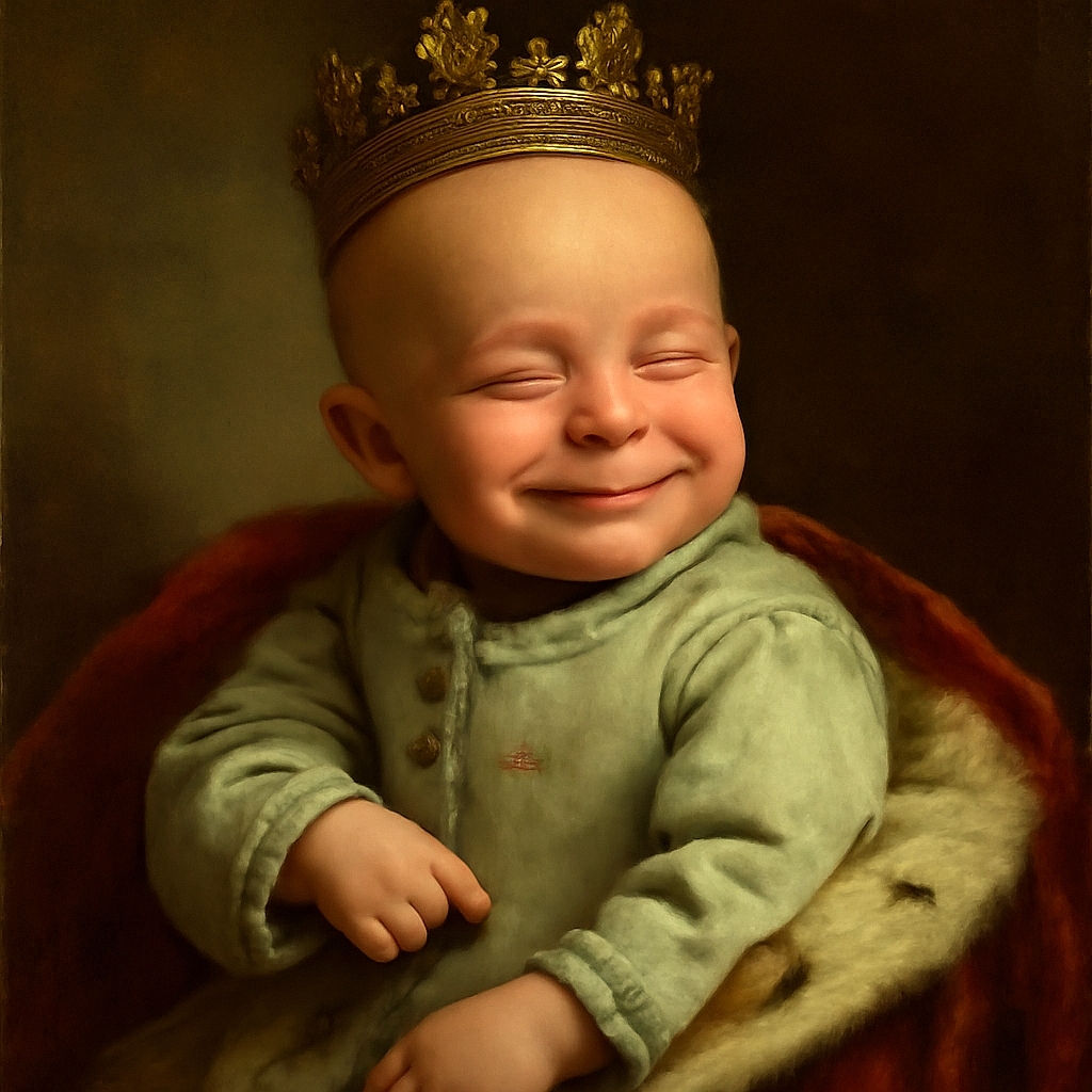 A peacefully smiling newborn baby wrapped in soft pastel blankets and clothing, radiating pure innocence and warmth in a cozy setting.