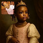 A curious little girl with beautifully decorated braids and golden beads looks up with wide eyes, dressed in a pink and white patterned dress, standing on carpeted stairs with a black railing beside her.