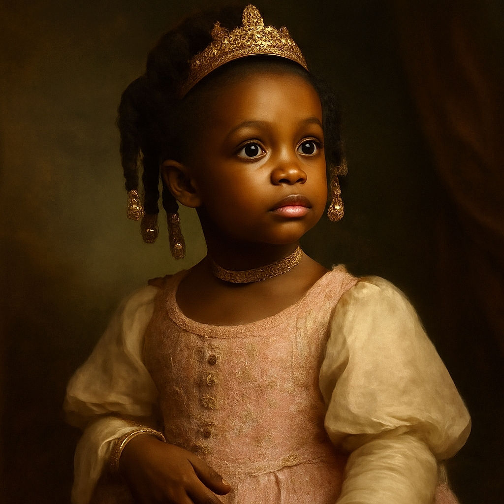 A curious little girl with beautifully decorated braids and golden beads looks up with wide eyes, dressed in a pink and white patterned dress, standing on carpeted stairs with a black railing beside her.