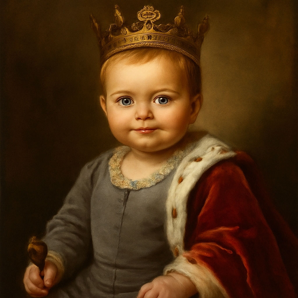 A curious baby with wide eyes and a slightly open mouth reaches out energetically while sitting on a tiled floor next to a calm black and white puppy. An adult hands gently support the baby, who is dressed in a gray shirt, jeans, and beige socks. The scene is indoors, with a casual and warm atmosphere.