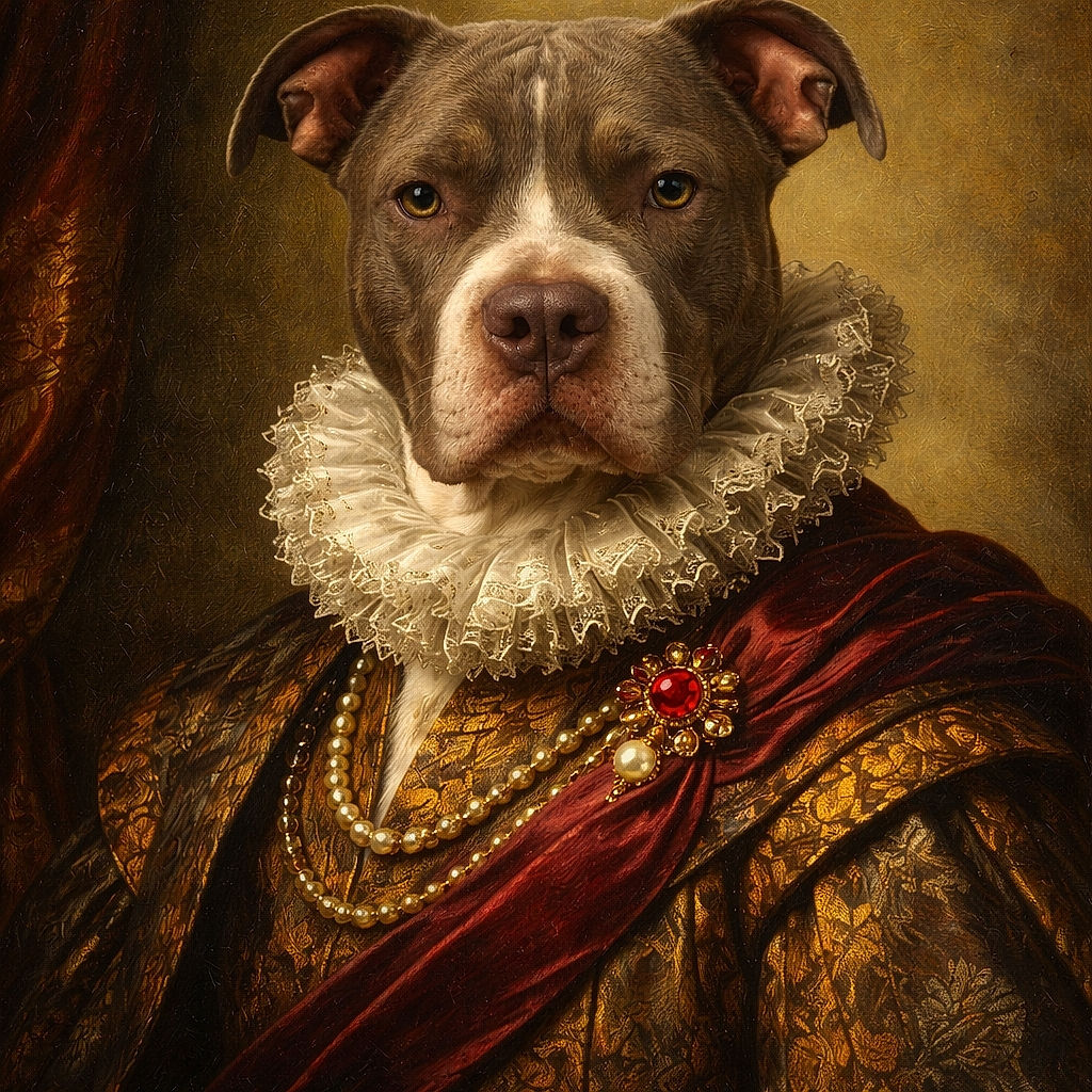 A serious-faced pitbull with a striking gray and white coat sits patiently against a plain wall, giving off the vibe of a contemplative philosopher or a doggy detective on a case.
