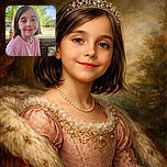 A cheerful young girl in a pink shirt smiles gently at the camera while sitting on a porch. Behind her, a sunny suburban neighborhood with trees and houses is visible, along with a couple of orange drink bottles on the ledge. The scene is bright and peaceful, capturing a candid moment of childhood.