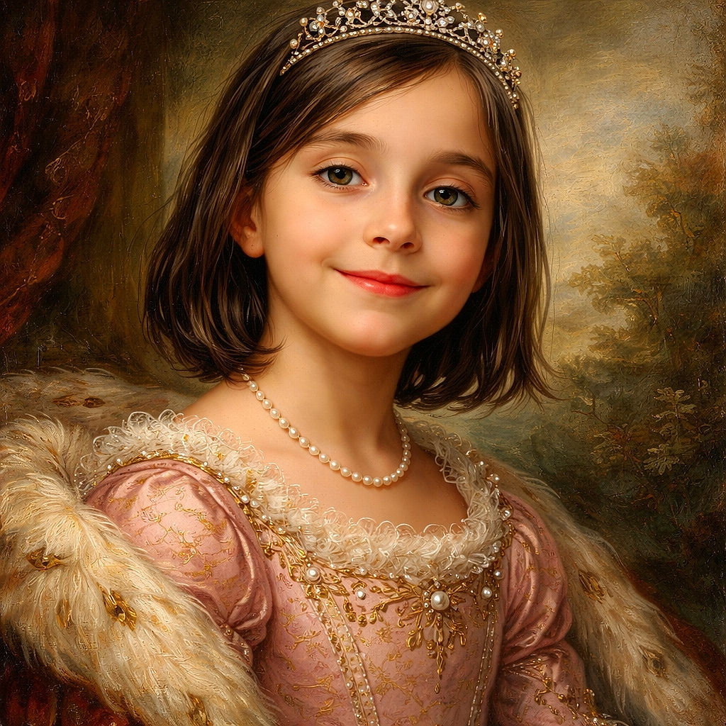 A cheerful young girl in a pink shirt smiles gently at the camera while sitting on a porch. Behind her, a sunny suburban neighborhood with trees and houses is visible, along with a couple of orange drink bottles on the ledge. The scene is bright and peaceful, capturing a candid moment of childhood.