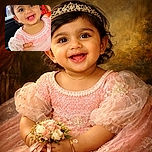 A joyful baby dressed in a delicate pink and white outfit beams brightly, sitting comfortably with a gentle hand supporting her, all inside a car with a softly blurred background outside the window.