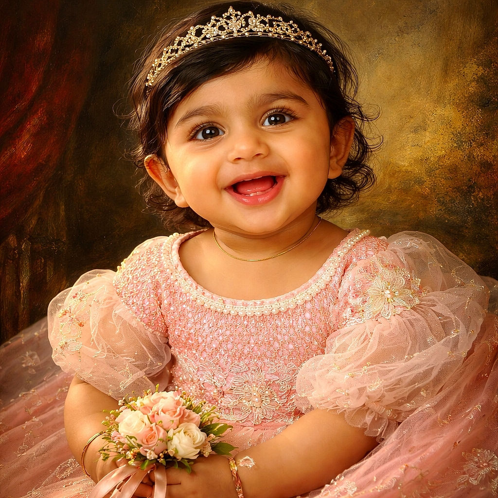 A joyful baby dressed in a delicate pink and white outfit beams brightly, sitting comfortably with a gentle hand supporting her, all inside a car with a softly blurred background outside the window.