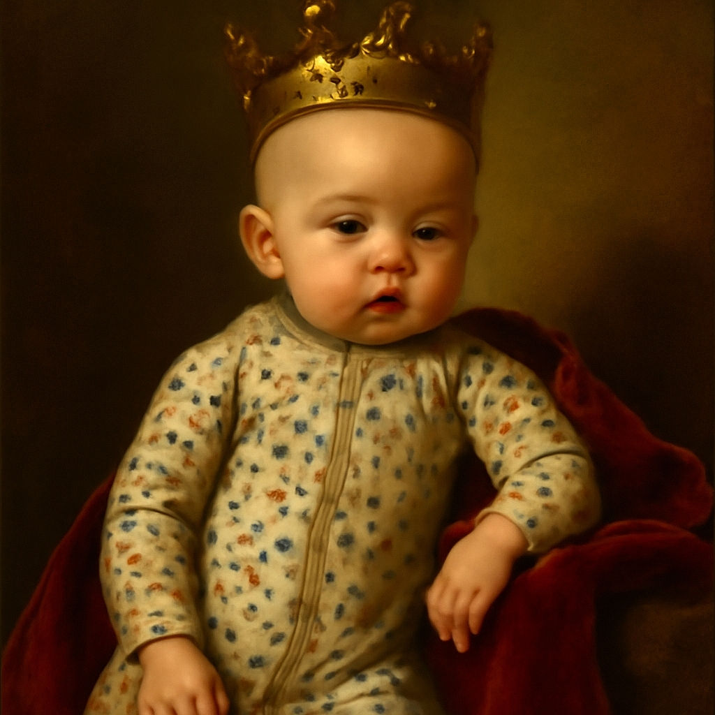 A curious baby in a cozy, patterned onesie lounges on a bed with a plaid pillow behind, looking off to the side with a thoughtful expression.