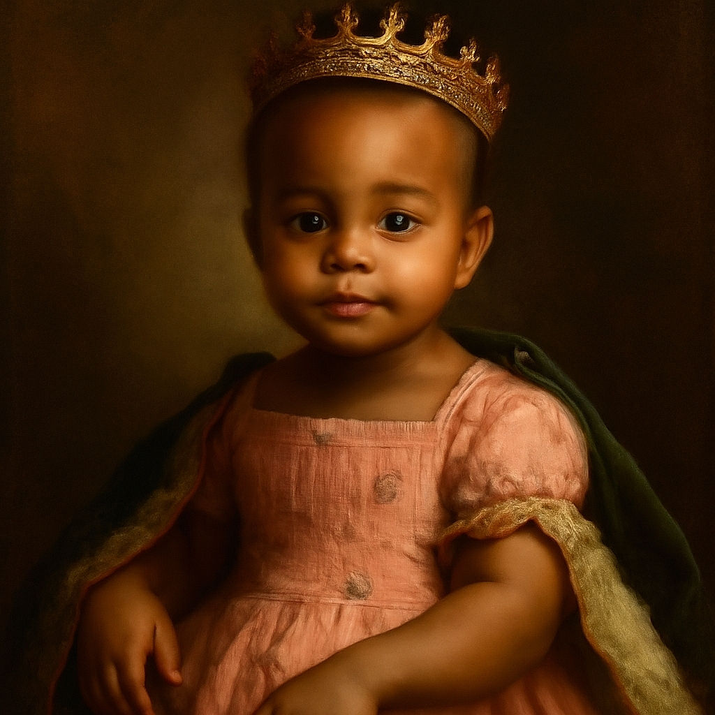 A charming baby dressed in a pink watermelon-themed outfit and matching sunhat gazes curiously at the camera, with soft lighting highlighting the smooth skin and big, expressive eyes, creating an adorable and heartwarming portrait.