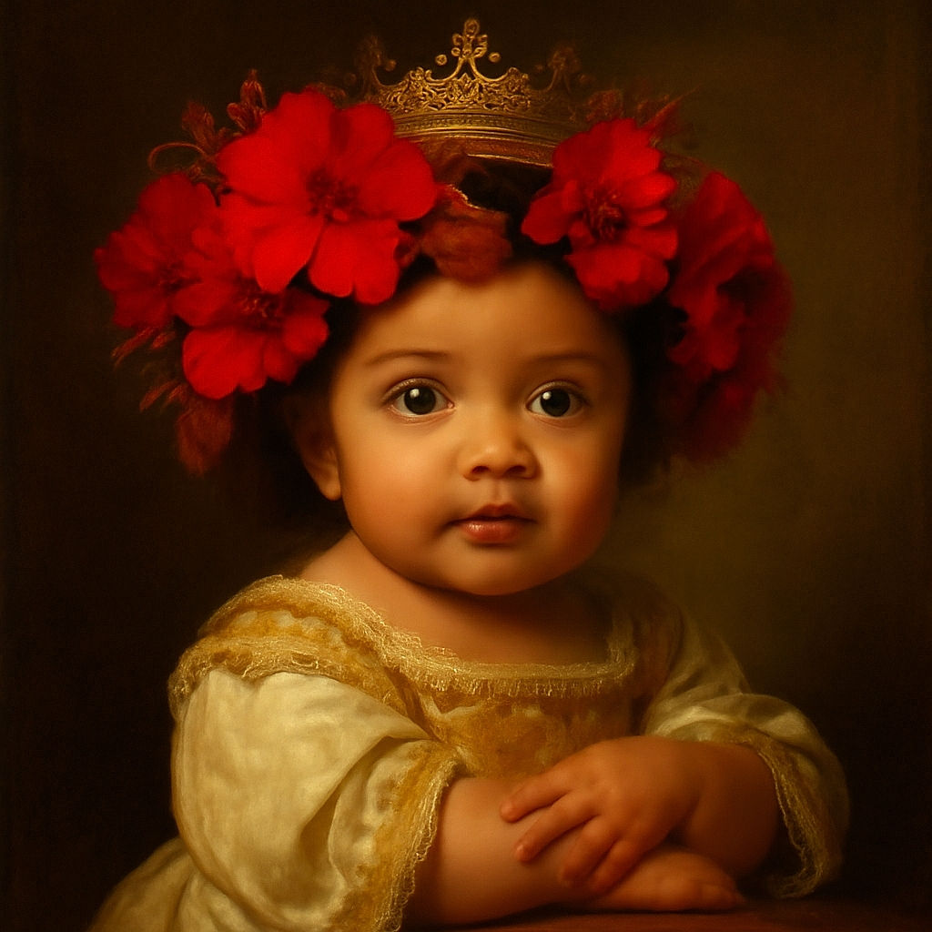 A charming baby with wide, curious eyes and a floral crown of bright red flowers poses adorably on a soft white blanket against a dark background, radiating innocence and cuteness.