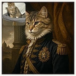 A fluffy kitten sits like a tiny, stern judge in a plush gray cat bed, staring directly at the camera while its scratching-post kingdom rises beneath it. One white paw adds just enough charm to reveal that the royal robe is actually fur.