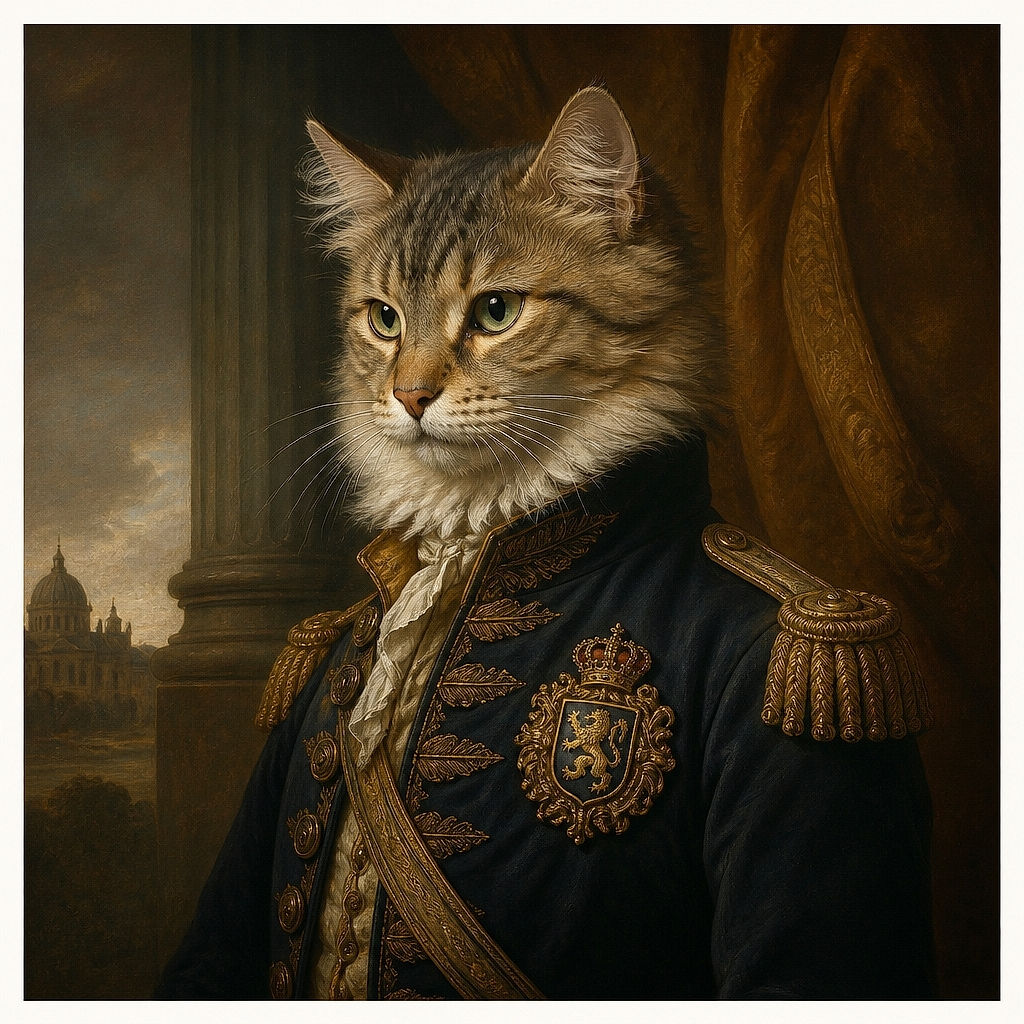 A fluffy kitten sits like a tiny, stern judge in a plush gray cat bed, staring directly at the camera while its scratching-post kingdom rises beneath it. One white paw adds just enough charm to reveal that the royal robe is actually fur.