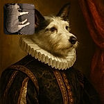 A fluffy dog with a mix of white and black fur is peacefully napping on a cozy gray bed, surrounded by a warm brick wall background. The relaxed pose and soft textures make it a comforting and homely scene.