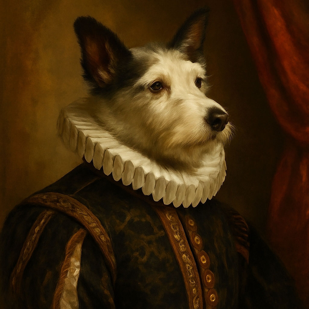 A fluffy dog with a mix of white and black fur is peacefully napping on a cozy gray bed, surrounded by a warm brick wall background. The relaxed pose and soft textures make it a comforting and homely scene.