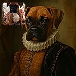 A serious-faced puppy sits on a fuzzy blanket with a backdrop of pillows featuring dog illustrations, creating a cozy and cute canine-themed corner.