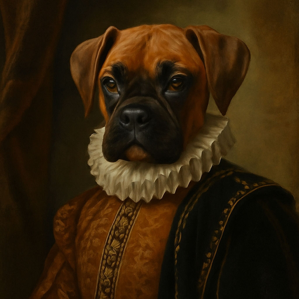 A serious-faced puppy sits on a fuzzy blanket with a backdrop of pillows featuring dog illustrations, creating a cozy and cute canine-themed corner.