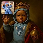 A cute baby wearing a blue hoodie with a Stitch cartoon character is lying on a cozy fluffy surface, arms raised as if reaching for the stars, surrounded by soft pillows and warm lighting.