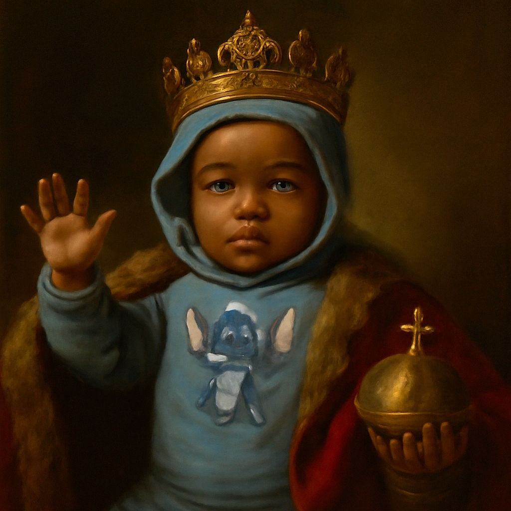 A cute baby wearing a blue hoodie with a Stitch cartoon character is lying on a cozy fluffy surface, arms raised as if reaching for the stars, surrounded by soft pillows and warm lighting.