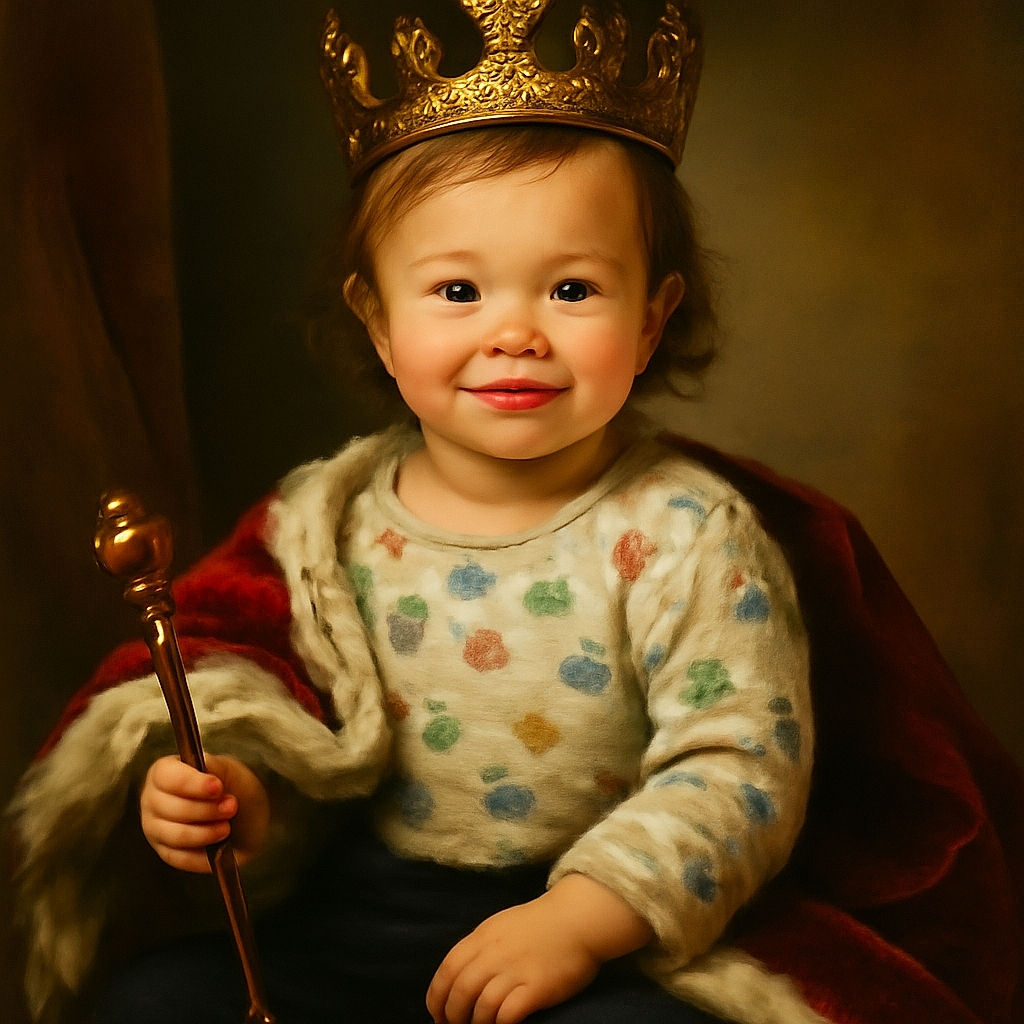 A cheerful toddler sitting in a stroller, wearing a colorful insect-patterned shirt and dark shorts, smiling brightly with arms raised under the stroller's canopy, set against an outdoor backdrop with people and pavement.