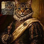 A regal tabby cat lounges comfortably on a beige leather couch, gazing directly at the camera with a calm and slightly curious expression, its front paw stretched out like it owns the place.