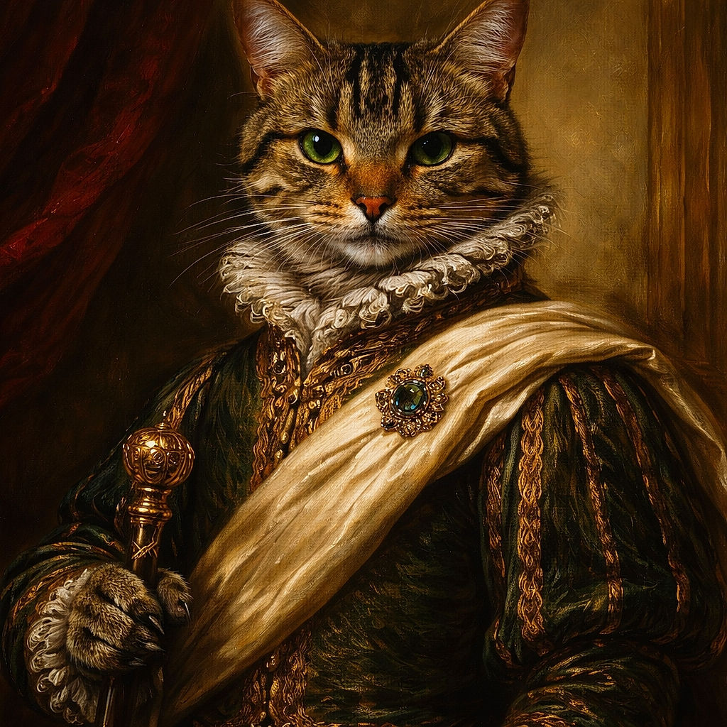 A regal tabby cat lounges comfortably on a beige leather couch, gazing directly at the camera with a calm and slightly curious expression, its front paw stretched out like it owns the place.