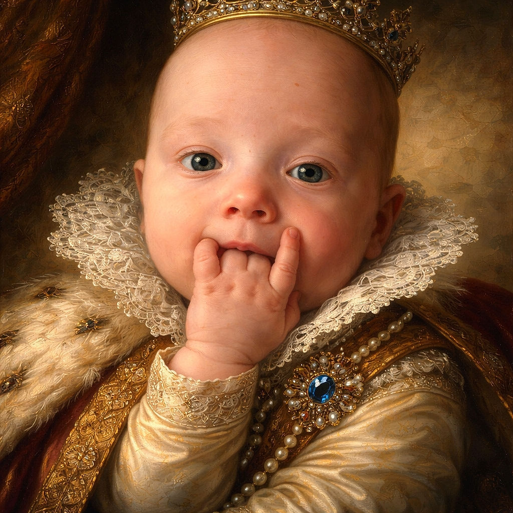 A pudgy-faced baby stares solemnly at the camera while thoughtfully munching three fingers like a tiny gourmet, pacifier waiting in the wings.