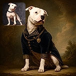 A sturdy white dog sits like a very serious canine celebrity in a studio portrait, wearing a black collar and giving the camera a wonderfully skeptical side-eye. The dark backdrop makes the pup look ready to star in a detective movie called The Case of the Missing Treat.