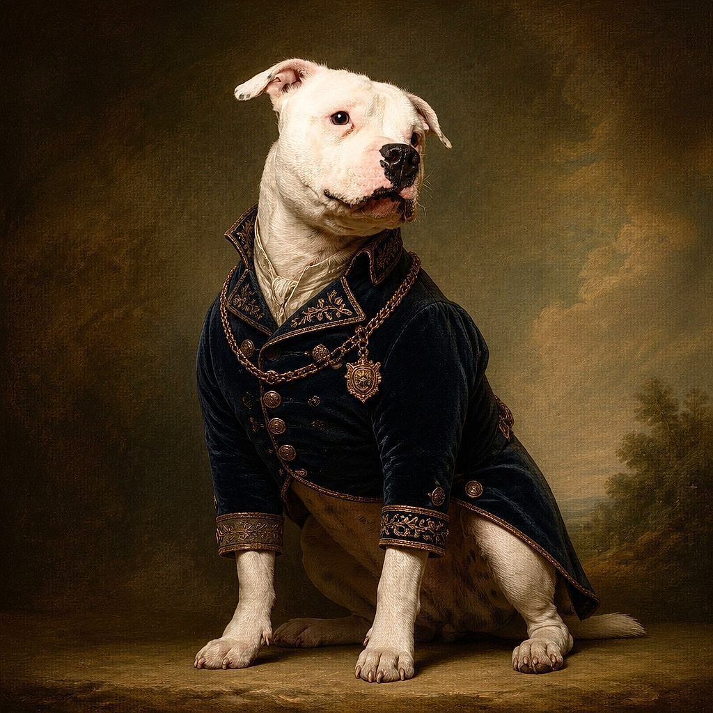 A sturdy white dog sits like a very serious canine celebrity in a studio portrait, wearing a black collar and giving the camera a wonderfully skeptical side-eye. The dark backdrop makes the pup look ready to star in a detective movie called The Case of the Missing Treat.