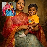 A joyful woman dressed in vibrant traditional attire holds a smiling baby wearing a bright orange shirt, both seated comfortably on a couch in a cozy living room.