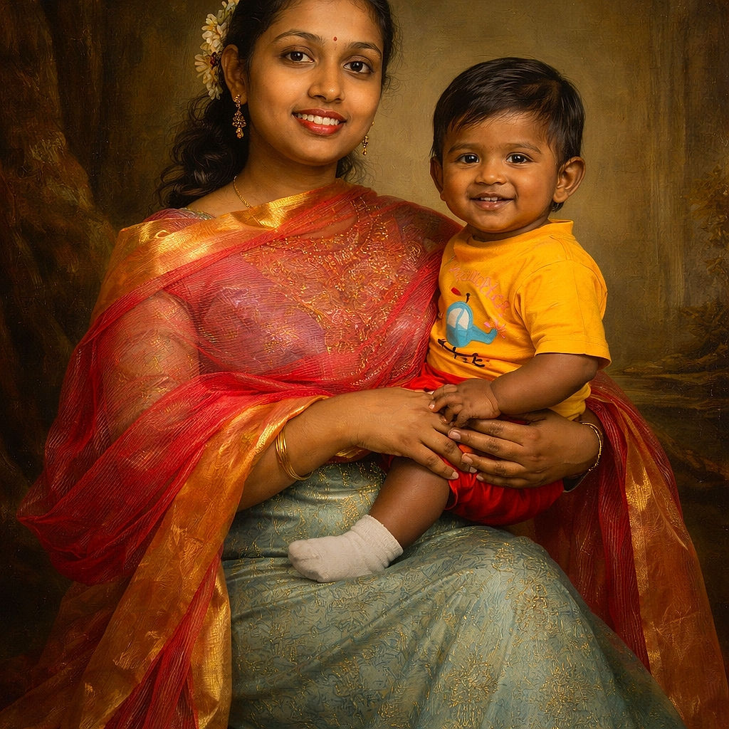 A joyful woman dressed in vibrant traditional attire holds a smiling baby wearing a bright orange shirt, both seated comfortably on a couch in a cozy living room.