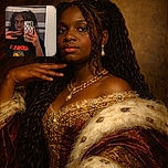 A young person taking a mirror selfie with a phone, wearing a black shirt with a colorful graphic and text. The background features a striped shower curtain and a white door. The person strikes a casual pose with one hand near their face.