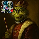 The Grinch, dressed in his iconic Santa suit, holds a snow globe featuring a photo of two children in festive pajamas, creating a whimsical holiday blend of fantasy and family warmth.