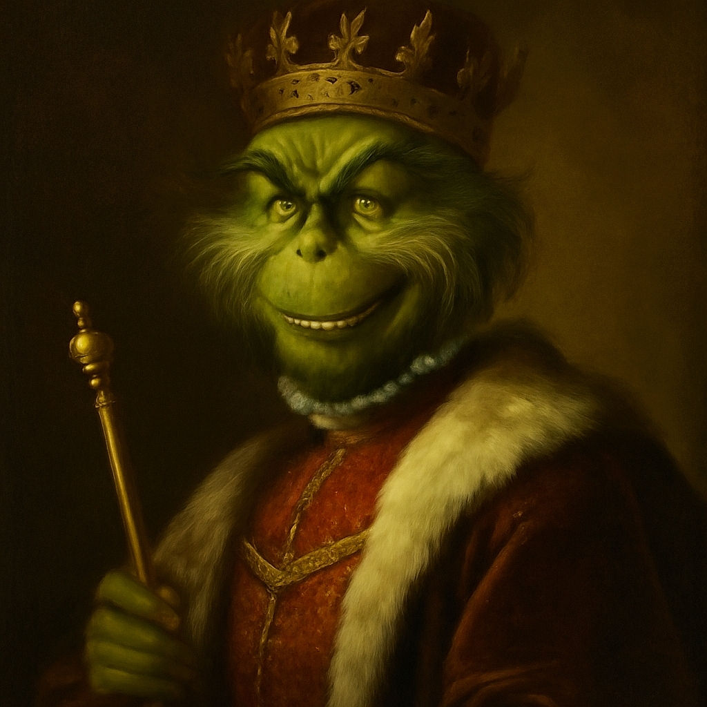 The Grinch, dressed in his iconic Santa suit, holds a snow globe featuring a photo of two children in festive pajamas, creating a whimsical holiday blend of fantasy and family warmth.