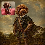 A curly-haired brown dog sits proudly on a pink bed, staring into the camera like a tiny, slightly bewildered professor. Its shiny collar tags add just enough sparkle for a canine celebrity portrait, while the bedroom background supplies a charmingly cozy stage.