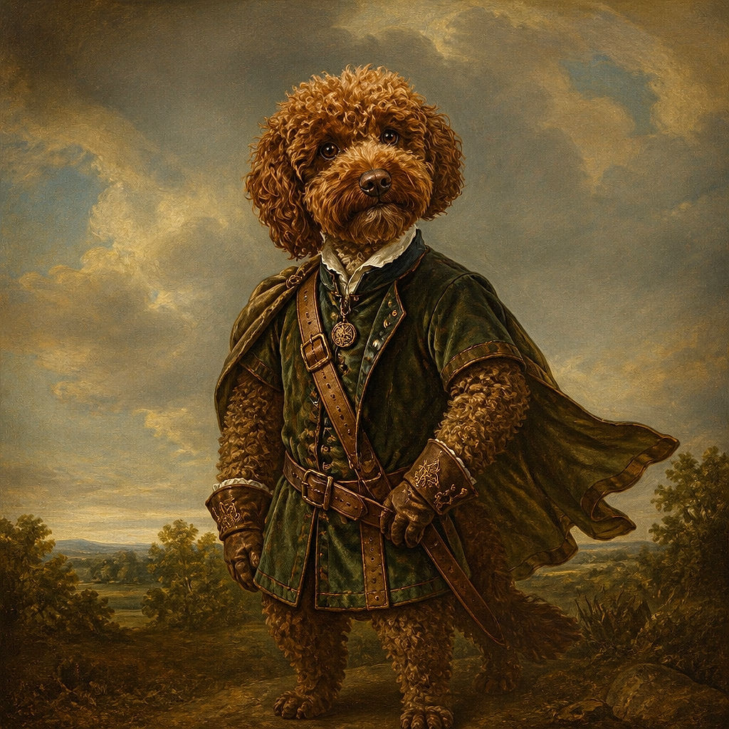A curly-haired brown dog sits proudly on a pink bed, staring into the camera like a tiny, slightly bewildered professor. Its shiny collar tags add just enough sparkle for a canine celebrity portrait, while the bedroom background supplies a charmingly cozy stage.