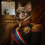 A charming merle French Bulldog sits attentively on a shiny wooden floor, while a smaller tan dog lounges comfortably on a cushioned bed in the background next to a playful hamburger toy.