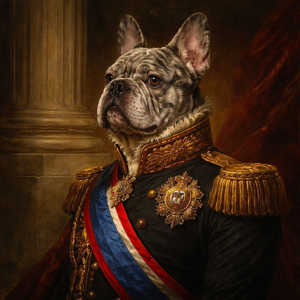 A charming merle French Bulldog sits attentively on a shiny wooden floor, while a smaller tan dog lounges comfortably on a cushioned bed in the background next to a playful hamburger toy.