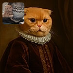 A blurry photo shows a person wearing a patterned sweater holding a ginger cat. The cat looks slightly grumpy, and the cozy indoor setting includes patterned pillows in the background.