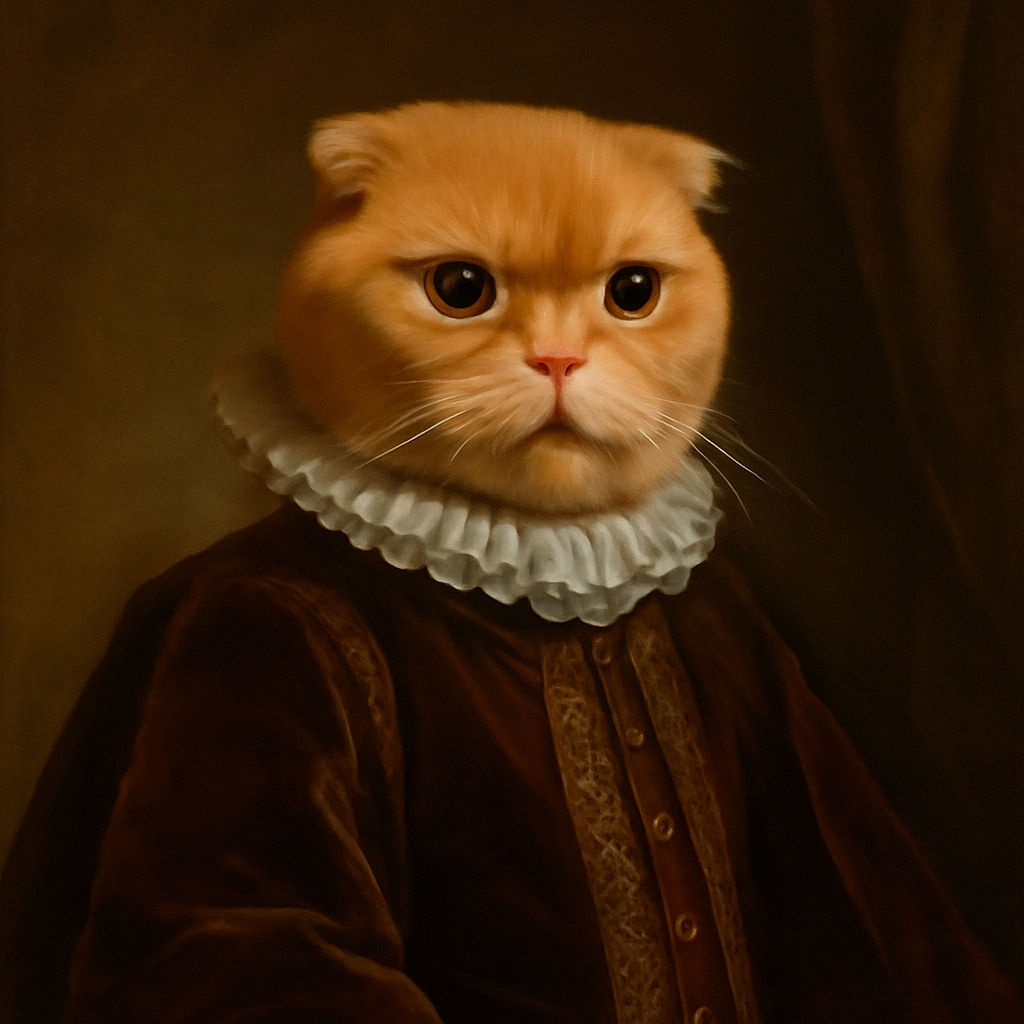 A blurry photo shows a person wearing a patterned sweater holding a ginger cat. The cat looks slightly grumpy, and the cozy indoor setting includes patterned pillows in the background.